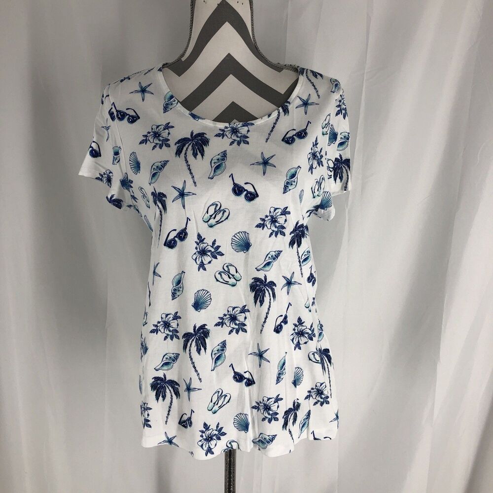 Weekends by Chicos T Shirt Womens 1 Blue And White Tropical Print Top